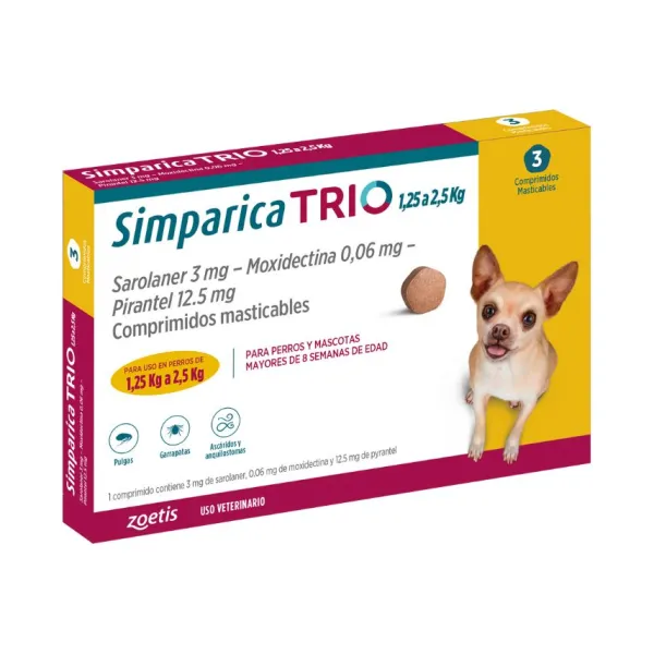 Outlet Simparica Trio 1.3 - 2.5 Kg Antiparasitario Para Perros Caja 3 Comprimidos